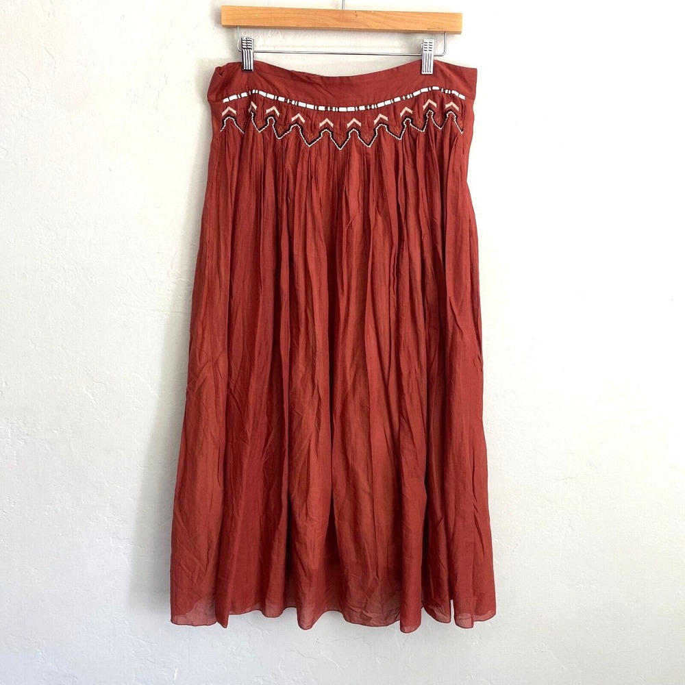 Pomandere Midi Skirt Women Size 42 Large Brown Embroidered Pull On Peasant